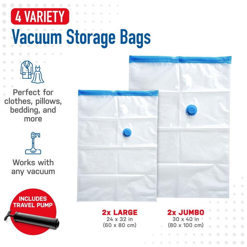 Spacesaver Premium Vacuum Storage Bags with 80% More Storage - Includes Hand-Pump for Travel - Double-Zip Seal and Triple Seal Turbo-Valve for Max Space Saving - Variety 4 Pack (2 x Large  2 x Jumbo) - Image 3